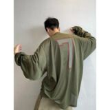 1506-1/CQYRJTK481/P46秋季复古宽松军绿色网眼数字印花V领长袖T，男装衬衫，星座1506-1