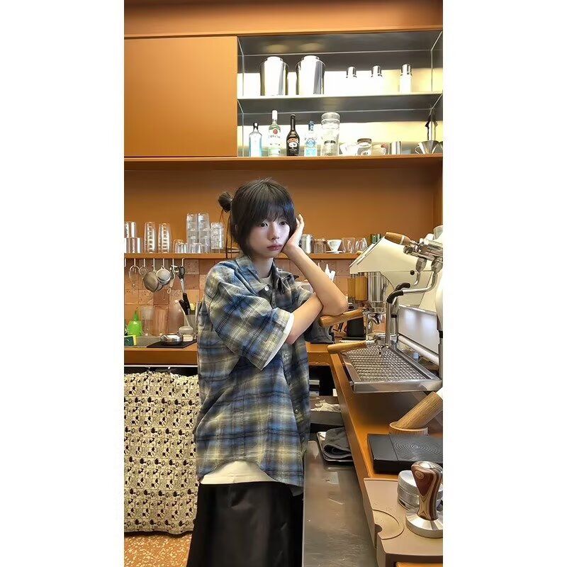 1506-1/CHJ851/P36撞色日系格子衬衫男复古潮牌宽松bf休闲外套,男装衬衫,星座1506-1