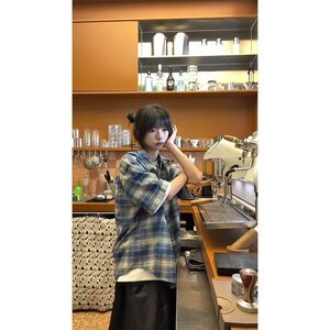 1506-1/CHJ851/P36撞色日系格子衬衫男复古潮牌宽松bf休闲外套图片