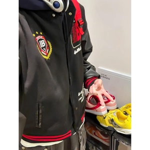 1506-1/JC021/P62美式徽章拼接刺绣皮袖撞色棒球外套男图片
