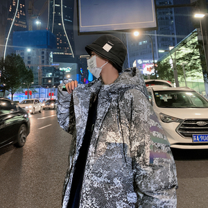 男士烫画夜光迷彩保暖羽绒服工装冬季连帽潮流宽松2066/图片