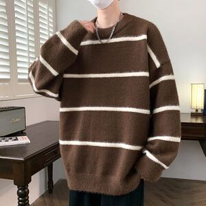 1506/MY031/P53软糯圆领毛衣男秋冬季撞色条纹针织衫2图片
