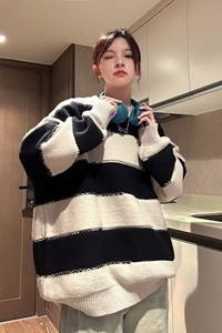 1506/QM1200/P49撞色条纹毛衣男生情侣秋冬季宽松套头针织衫套2图片