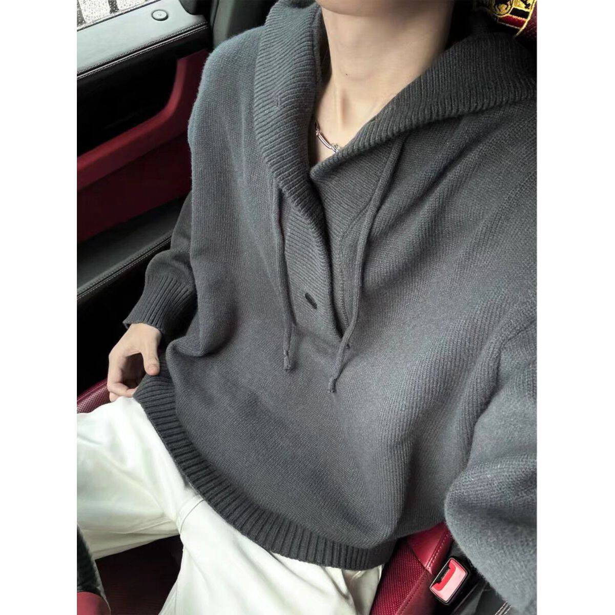 美式复古宽松连帽毛衣慵懒高级感男款cleanfit正肩廓形针织衫外套图片