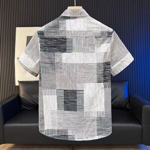 1506-1/C224781/P42夏季日系复古个性拼接撞色短袖衬衫男图片