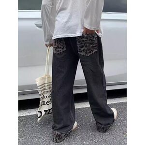1506-1/KGEG9071/P58美式复古豹纹拼接设计感牛仔裤男图片
