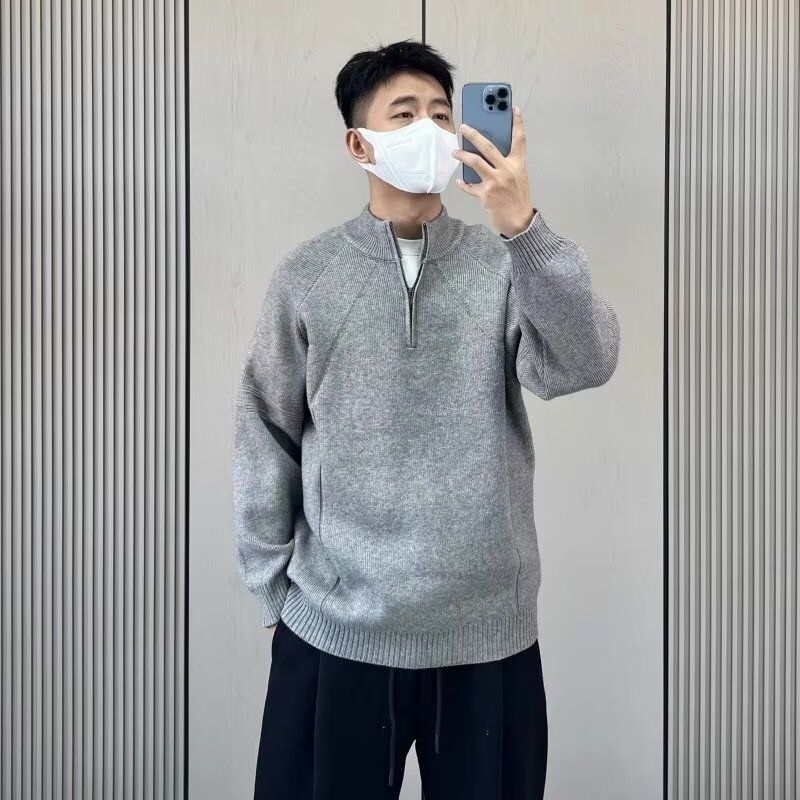 1506/MM4421/P63秋冬慵懒风简约百搭纯色重磅拉链休闲宽松毛衣1图片
