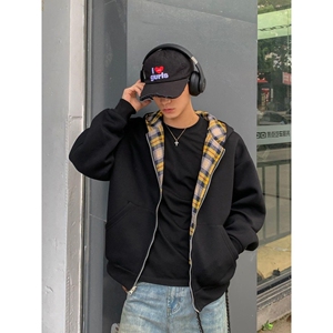 1506-1/WA2501/P60美式复古黄格纹双面穿双开拉链卫衣男图片