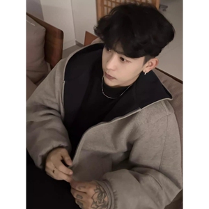 1506-1/W82801/P56超厚款双拉链短款连帽开衫卫衣男图片