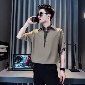 1506-1/C224791/P46痞帅衬衫男士短袖假两件拼接图片
