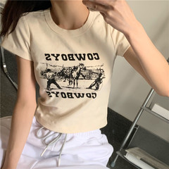 Real shot short sleeve letter T-shirt women's short open navel top slim