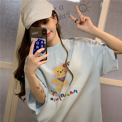 Real shot bear print versatile loose round neck Short Sleeve T-Shirt Top