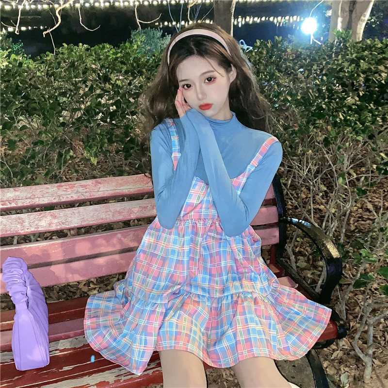 Real shot pink and blue sweet dress with strap skirt female loose Guima girl Plaid Korean version