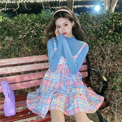 Real shot pink and blue sweet dress with strap skirt female loose Guima girl Plaid Korean version