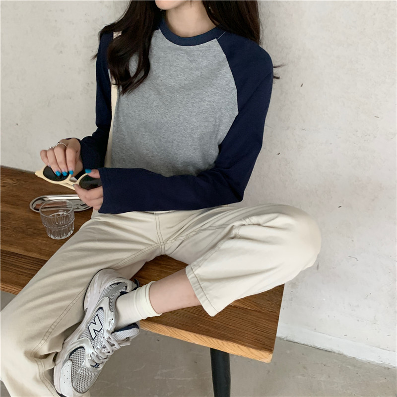 Real shot new Korean version loose color contrast raglan sleeve super fire Top Long Sleeve T-shirt for women