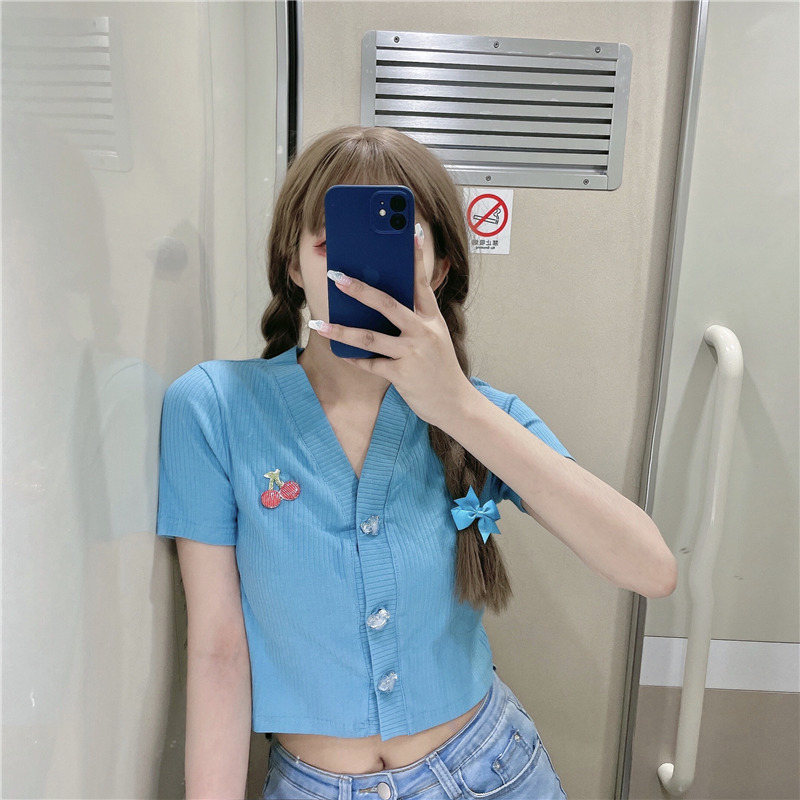 Real shot short sleeve women's short top V-neck cardigan high waist exposed navel pink t-shirt