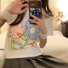 Real shot round neck short casual printing short sleeve floral t