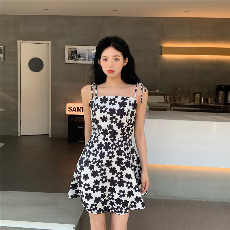Floral bandage suspender dress French retro waist style skirt