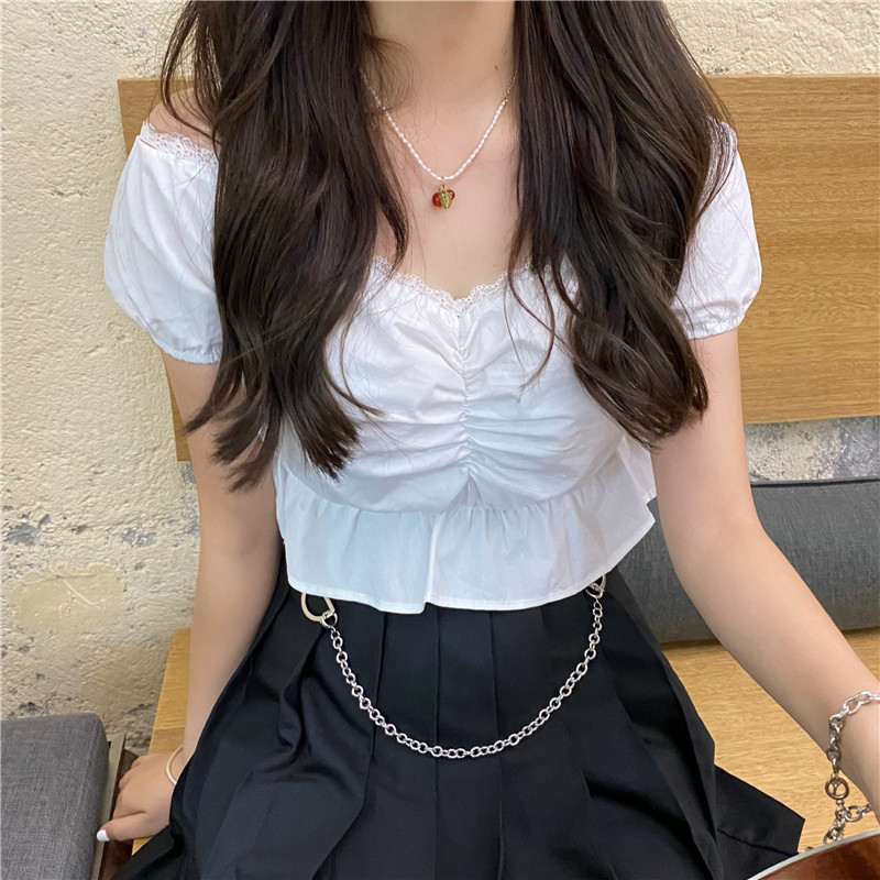 Real shot of new Korean short net red one line collar off shoulder sling two wear foreign style small shirt sling top