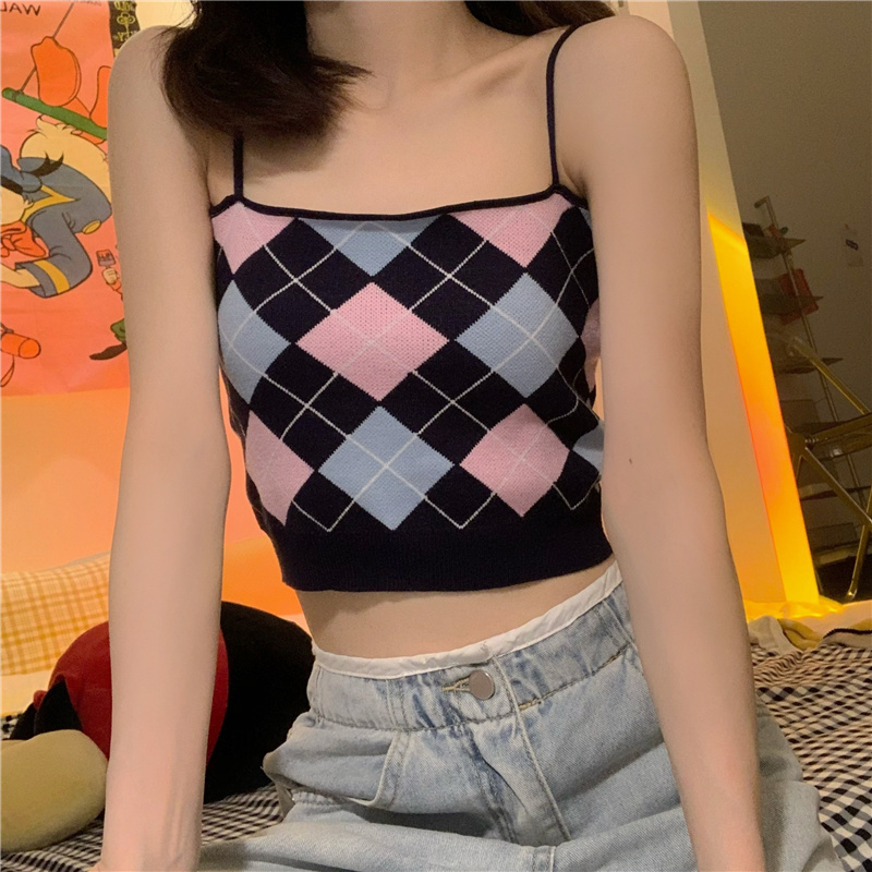 Real shot diamond lattice suspender vest women's short open navel slim knit top