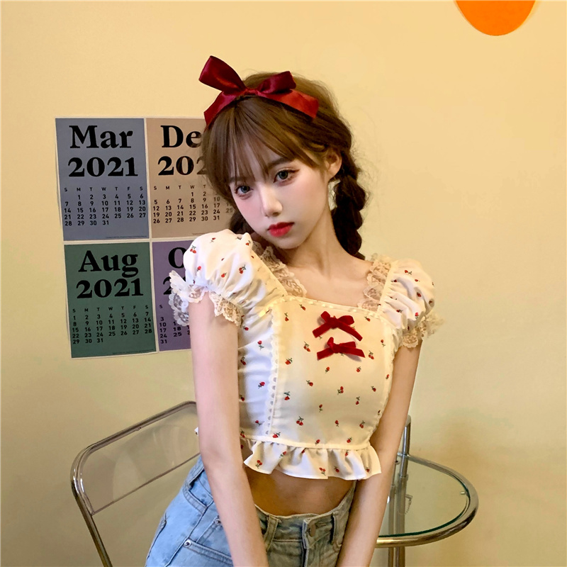 Real shot short slim bubble sleeve floral short sleeve niche shirt