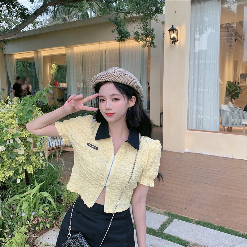 Real shot zipper Polo Shirt Short Sleeve T-Shirt slim lapel jacket