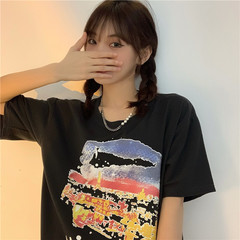 European and American Printing loose white short sleeve T-shirt