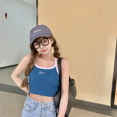 Real shot contrast letter vest women's Retro short slim back cross sling