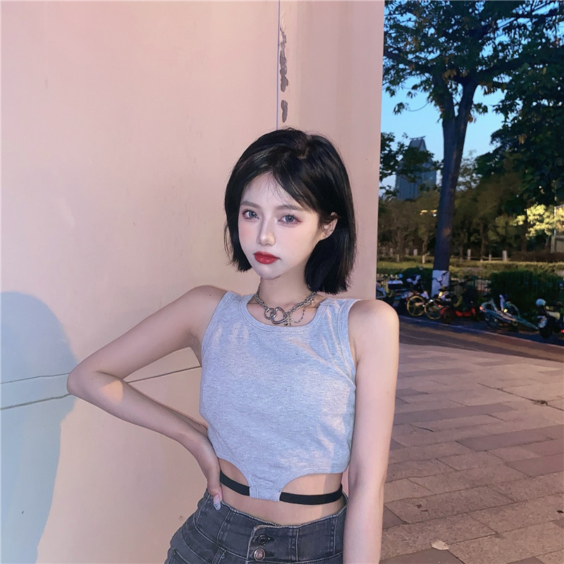 Real shot personality open navel short waistcoat, slim body, versatile top fashion