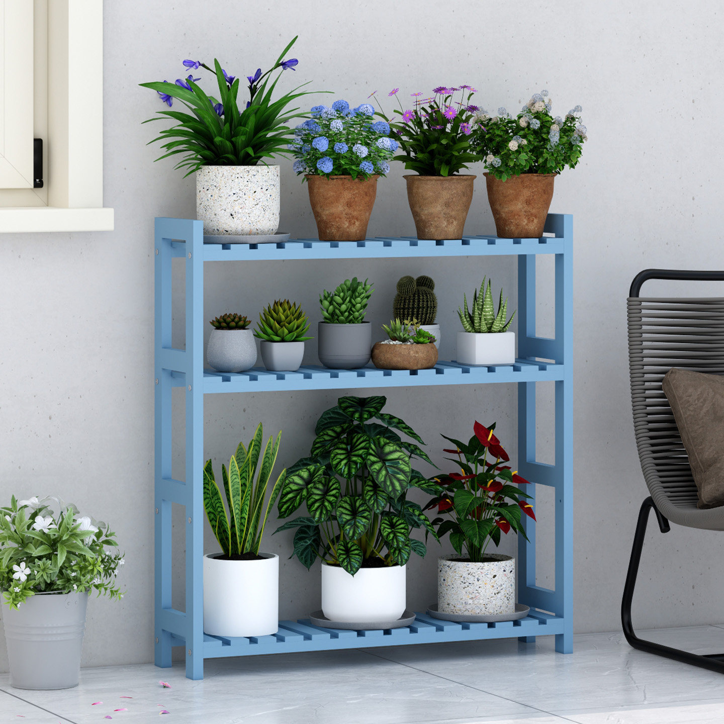 多肉实木花架复古蓝色地中海阳台飘窗台落地式木质多层置物架定做