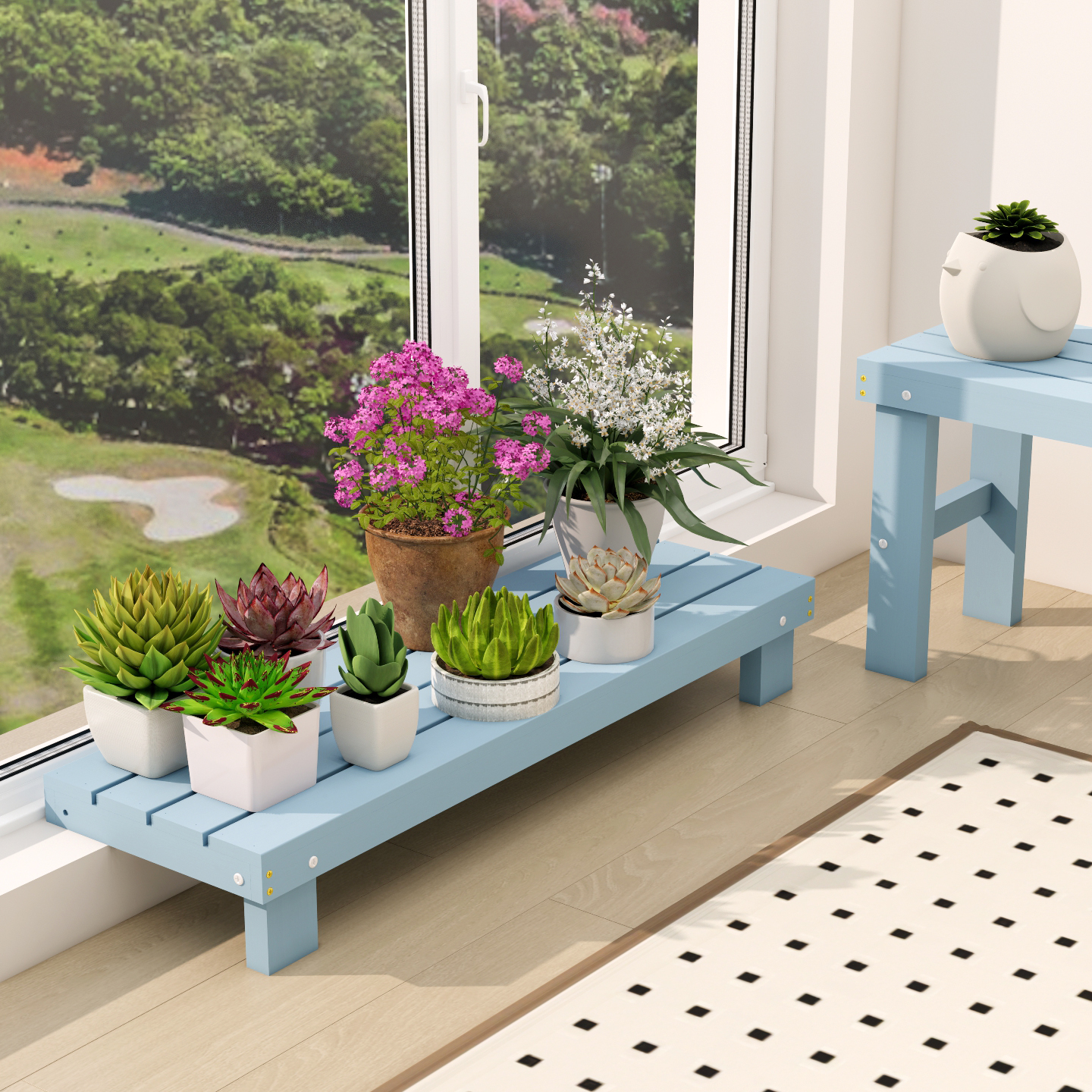 窗台高低脚单层实木花盆架