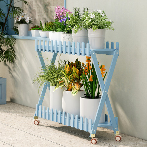 可移动双层带栅栏蓝色实木花架