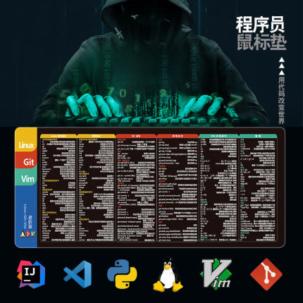 Linux程序员鼠标垫Vim命令Git编程Python函数MySQL快捷键idea桌垫