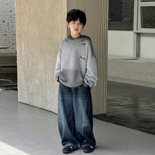 男童秋冬季牛仔裤2025新款帅气男大童弯刀裤儿童冬装长裤加绒裤子