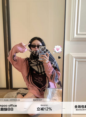 草莓跳 慵懒风复古爱心卷边羊毛毛衣女秋季宽松百搭显瘦套头上衣