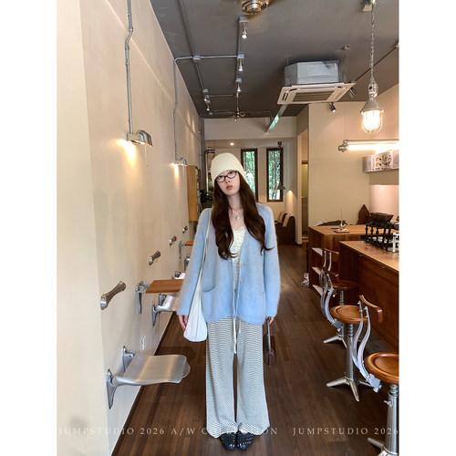 草莓跳 韩系慵懒抽绳条纹针织休闲裤女秋季显瘦垂感拖地宽松裤子