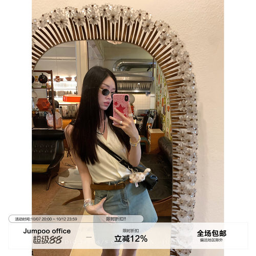 草莓跳 纯色羊毛暗门襟显瘦无袖背心女夏季慵懒宽松显瘦薄款上衣