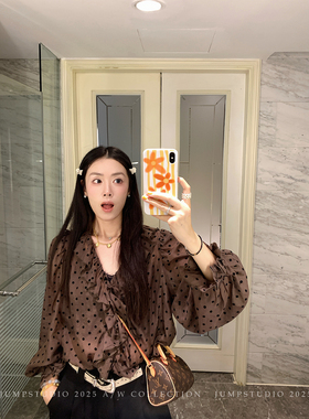 草莓跳 荷叶边v领喇叭袖波点衬衫女秋季气质减龄衬衣宽松显瘦上衣