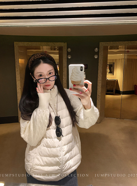 草莓跳 白鸭绒拼接立领排骨羽绒服女冬季设计感宽松保暖加厚外套