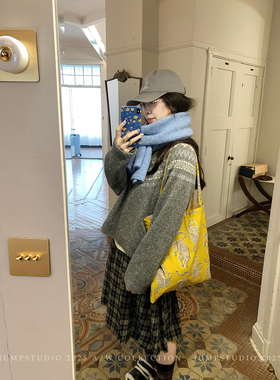 草莓跳 费尔岛提花羊毛圆领套头毛衣女冬季复古慵懒宽松显瘦上衣