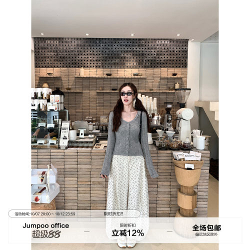 草莓跳 复古文艺碎花弯刀休闲裤女春季高腰显瘦阔腿拖地百搭裤子