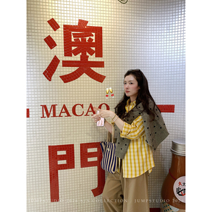 草莓跳 慵懒竖条格纹翻领长袖衬衫女春夏宽松显瘦减龄百搭衬衣