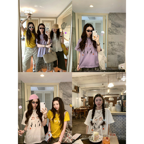 草莓跳 可爱草莓猫印花圆领短袖T恤女夏季宽松透气显瘦百搭上衣