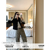 豹纹宽松高腰显瘦直筒牛仔裤 女秋季 美式 草莓跳 复古垂感拖地裤 子