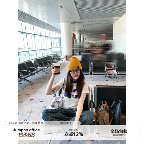草莓跳 撞色字母印花圆领短袖T恤女秋季纯棉休闲百搭显瘦内搭上衣
