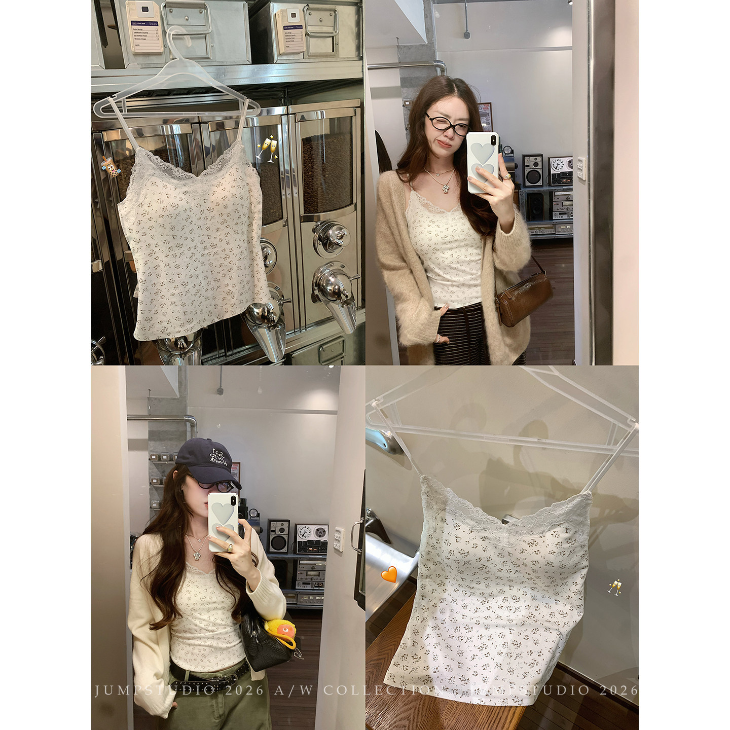 草莓跳 法式蕾丝拼接吊带背心女秋季修身显瘦美背上衣（带胸垫）图片