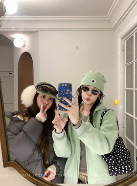 草莓跳 清新苹果绿休闲运动套装女冬季加绒连帽卫衣休闲裤两件套