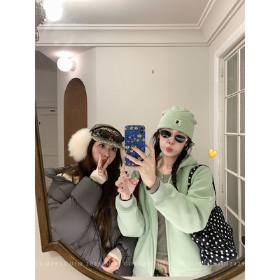 草莓跳 清新苹果绿休闲运动套装女冬季加绒连帽卫衣休闲裤两件套