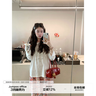 新款 T恤女春季 宽松休闲显瘦百搭上衣 慵懒风美人鱼印花长袖 草莓跳