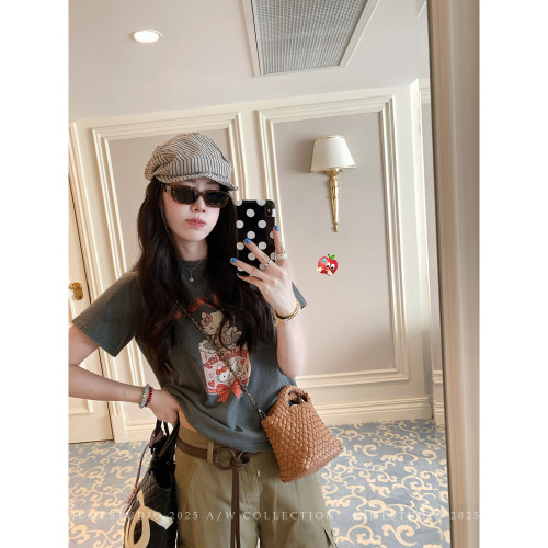 草莓跳 可爱kitty猫印花圆领短袖T恤女秋季减龄显瘦百搭纯棉上衣